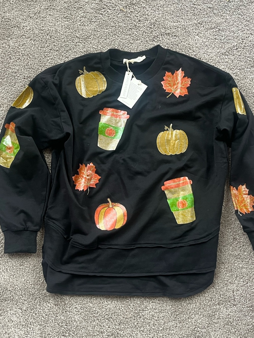 Black Fall Print Crewneck Sweatshirt. Pumpkin Spice Leaves New Size Large